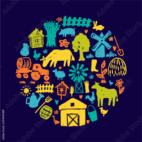 Vector pattern of agriculture and animals, hand-drawn in the style of a doodle in the shape of a circle