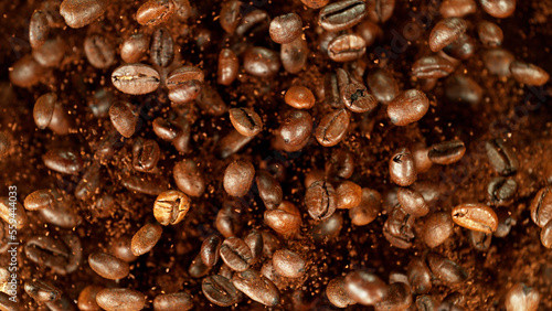 Coffee beans flying in the air in freeze motion.