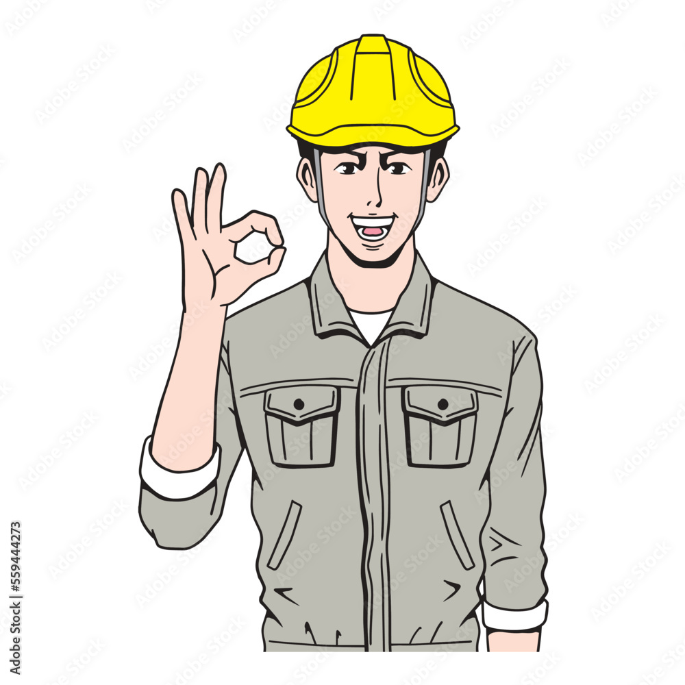 okポーズをする日本人の工事現場員