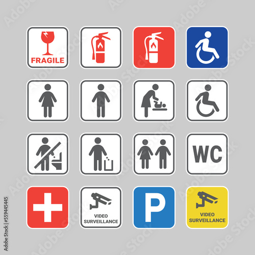 Wc, toilet and fire extinguisher colorful vector sticker and sign set. Public restroom, medical kit and parking stickers and signs.