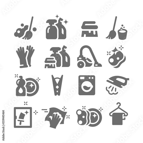 Cleaning vector icon set. Broom, bucket, clean and wipe, vacuum cleaner filled icons.