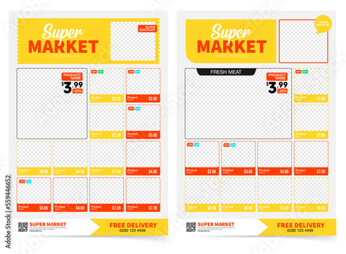 Supermarket product promotion flyer template. Shop poster design. Grocery Ads. Supermarket flyer with discounts. Vector illustration