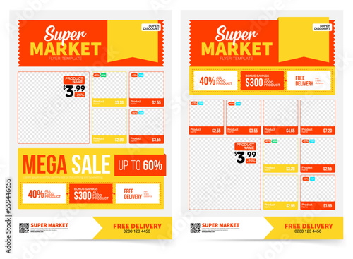 Supermarket product promotion flyer template. Shop poster design. Grocery Ads. Supermarket flyer with discounts. Vector illustration