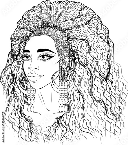 Portrait of African American girl with long hair. Afro hairstyle with braids. Vector illustrations in hand drawn sketch doodle style isolated. Coloring book page. Design for hair salons, fashion