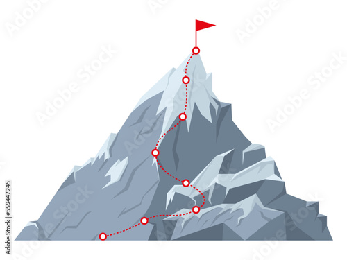 Cartoon mountain peak route. Dotted route hiking trip to mountain top, rock climbing progress with red flag on top flat vector illustration on white background