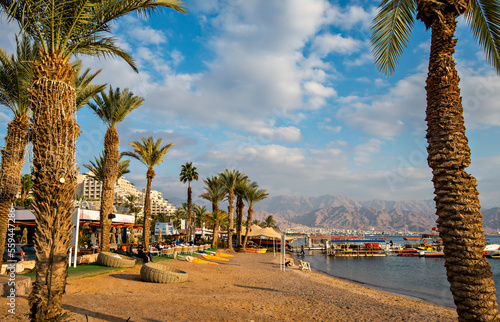 Public beach in Eilat - Israeli southernmost and famous tourist resort and re...