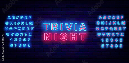 Trivia night neon signboard. Quiz show. Game competition. Glowing blue alphabet. Vector stock illustration