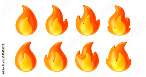 3d fire flame icons set isolated on white background. Render sprite of fire emoji, energy and power concept. 3d cartoon simple vector illustration.