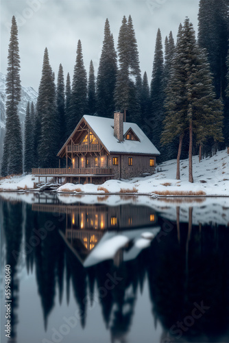 Cabin by lake in winter by generative AI