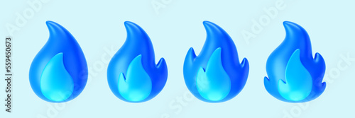 3d blue gas or fire flame icons set isolated on light background. Render sprite of fire emoji, gas burner, energy and power concept. 3d cartoon simple vector illustration.