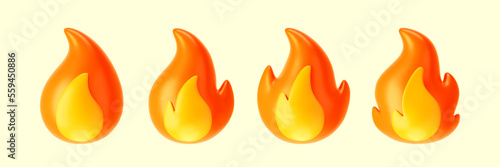 3d fire flame icons set isolated on white background. Render sprite of fire emoji, energy and power concept. 3d cartoon simple vector illustration