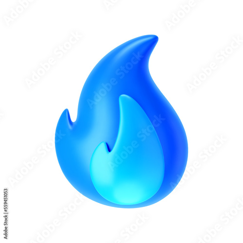 3d blue gas or fire flame icon isolated on white background. Render sprite of fire emoji, gas burner, energy and power concept. 3d cartoon simple vector illustration