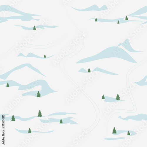 Seamless pattern of winter snowy hills. Travel landscape, winter skiing resort.