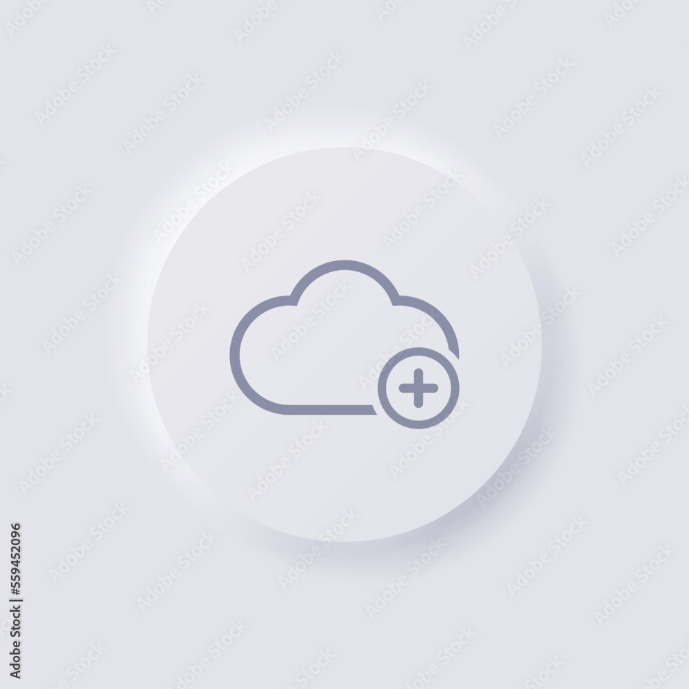 Cloud icon with plus symbol, White Neumorphism soft UI Design for Web design, Application UI and more, Button, Vector. Cloud icon with plus symbol, White Neumorphism soft UI Design for Web design, Application UI and more, Button, Vector.