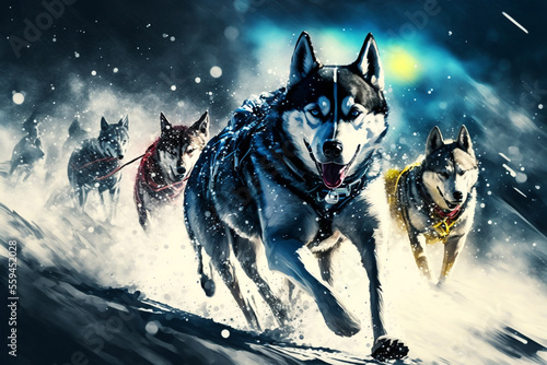 Sled dog-racing with Alaskan malamute and husky dogs. Snow, winter, competition, race concept. 