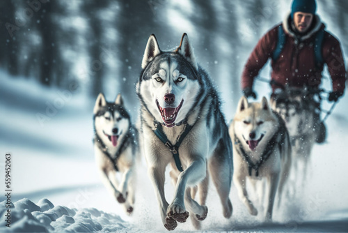 Sled dog-racing with Alaskan malamute and husky dogs. Snow, winter, competition, race concept. 