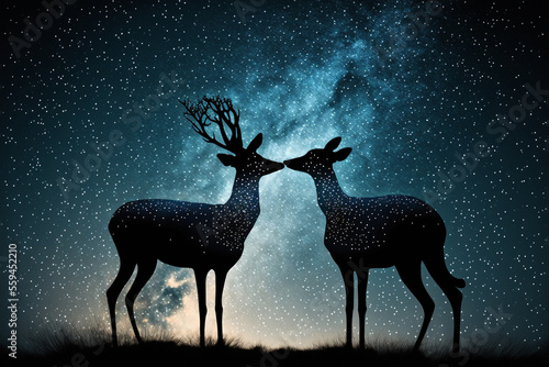 Silhouette of deer under the starry sky 