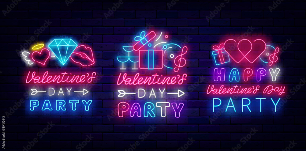 Happy Valentines Day Party neon signs collection. Presents, heart and diamond. Vector stock illustration