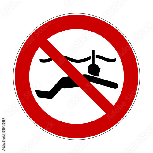 No snorkeling sign. Vector illustration of red crossed out circular prohibited sign with man with snorkelling equipment. Prohibition of diving. No mask and snorkel.