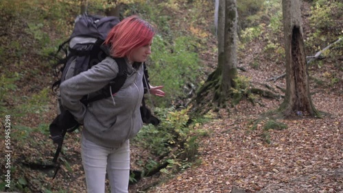 Wallpaper Mural Lonely woman tourist with a backpack in the forest. Hiking, bushcraft and wilderness survival Torontodigital.ca