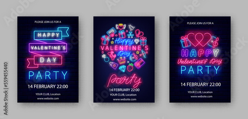 Valentines Day party neon flyers collection. Circle layout with romantic icons. Vector stock illustration