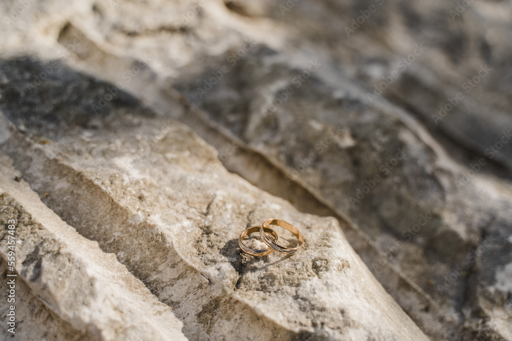 gold rings lie on a stone gold rings lie on a stone