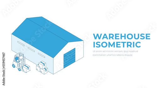Isometric warehouse logistics delivery. Forklifts with boxes, warehouse management outline vector concept photo