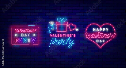 Happy Valentines Day party neon signs collection. Luminous advertisings set. Heart frame. Vector illustration