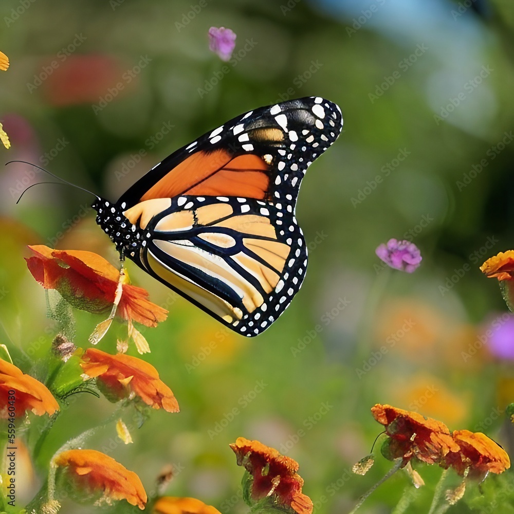 Fototapeta premium Close-up shot of a Monarch Butterfly landing on an orange flower, Generative AI