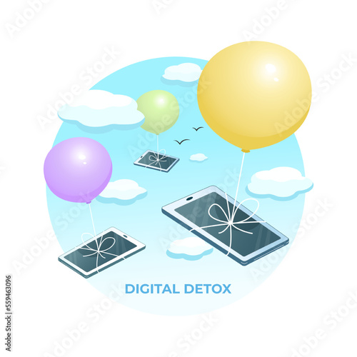 The concept of digital detox. Balloons carry smartphones tethered to them into the sky.