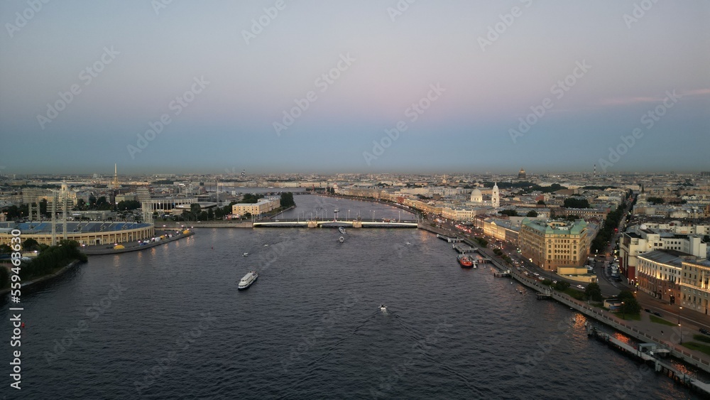 Panoramic view of the river in the center of the European city. Drone view