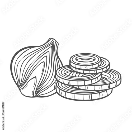 Onion cut into half and slices line icon vector illustration. Hand drawn outline fresh raw onion cutting into round pieces, chopped bulb of fresh shallot for cooking vegetarian vitamin meals