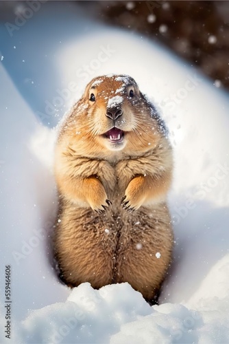 Happy groundhog in snow. Generative ai. © FantasyEmporium