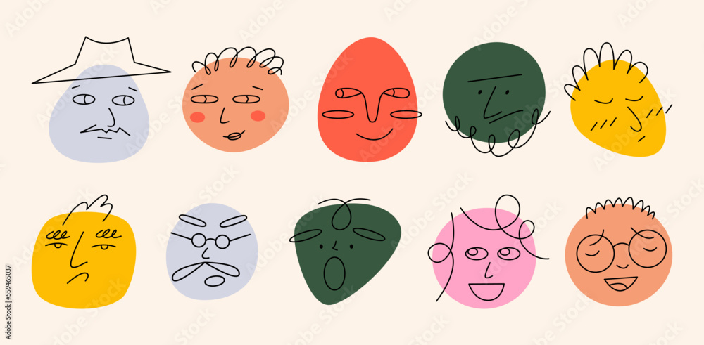 Obraz premium Round abstract comic faces with various emotions set. Crayon drawing style. Different colorful characters. Cartoon style. Flat design. Hand drawn trendy vector illustration isolated on background.