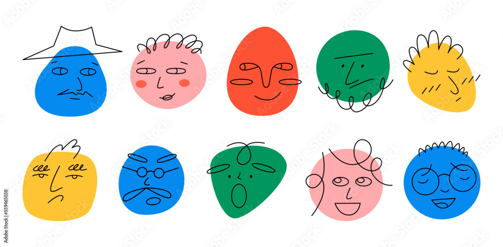 Round abstract comic faces with various emotions set. Crayon drawing style. Different colorful characters. Cartoon style. Flat design. Hand drawn trendy vector illustration isolated on background.