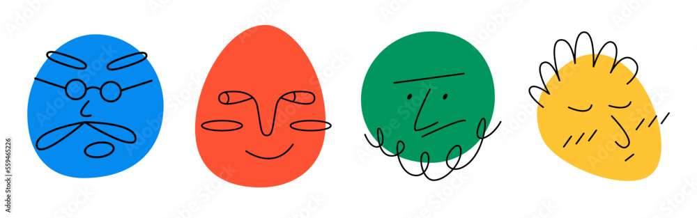 Round abstract comic faces with various emotions set. Crayon drawing style. Different colorful characters. Cartoon style. Flat design. Hand drawn trendy vector illustration isolated on background. Round abstract comic faces with various emotions set. Crayon drawing style. Different colorful characters. Cartoon style. Flat design. Hand drawn trendy vector illustration isolated on background.