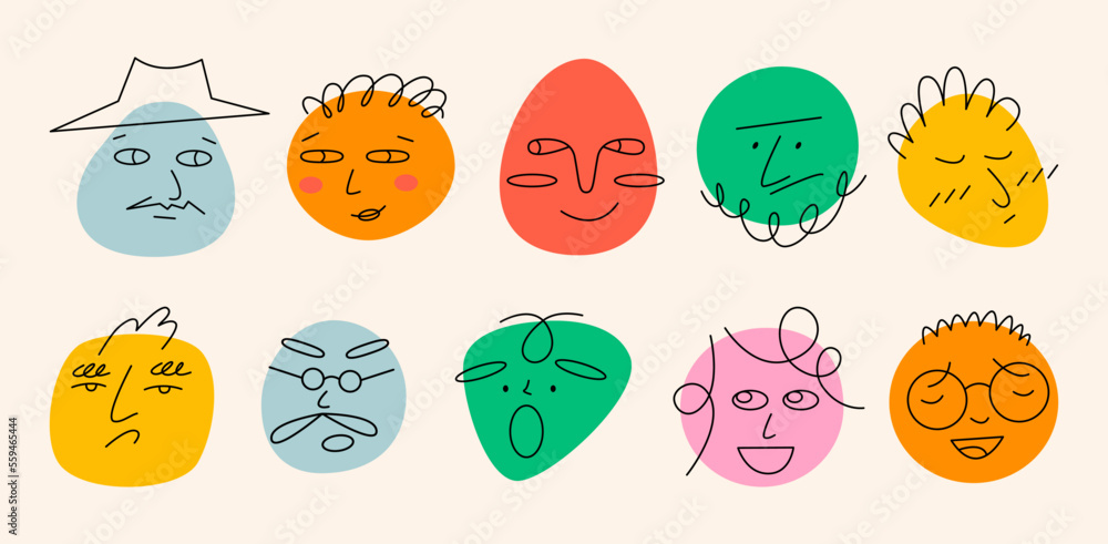 Round abstract comic faces with various emotions set. Crayon drawing style. Different colorful characters. Cartoon style. Flat design. Hand drawn trendy vector illustration isolated on background. Round abstract comic faces with various emotions set. Crayon drawing style. Different colorful characters. Cartoon style. Flat design. Hand drawn trendy vector illustration isolated on background.