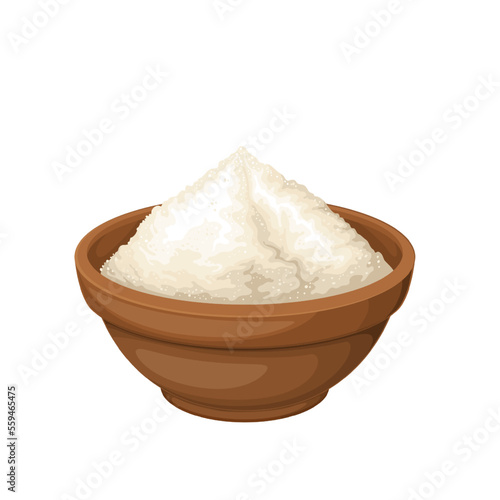 Wheat flour in bowl vector illustration. Cartoon brown cup with natural organic flour for baking bread and cake in bakery or home kitchen, single food ingredient for preparation of pastry recipe