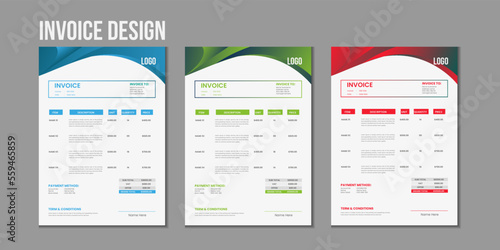 Minimal corporate Business multiple color variation a4 size invoice design template vector illustration bill form price invoice, Creative invoice template vector and business stationery design