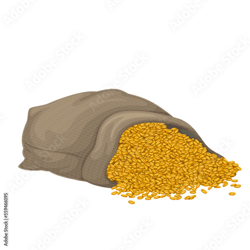 Bag with wheat grain vector illustration. Cartoon big rustic sack of burlap brown cloth with raw organic scattered whole seeds from agriculture field, open large bag for storage of farm harvest