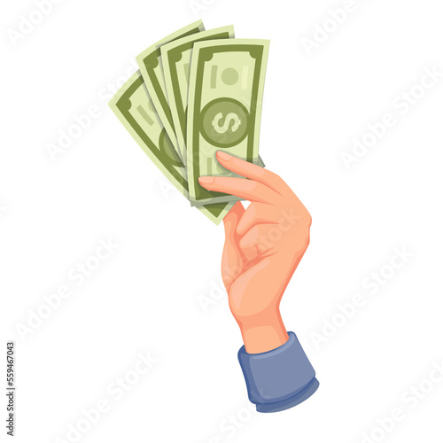 Hand holding banknotes vector illustration. Cartoon fingers of rich man hold cash paper money pile to pay and exchange, spend and give dollar banknotes, human arm with fan of currency on shopping