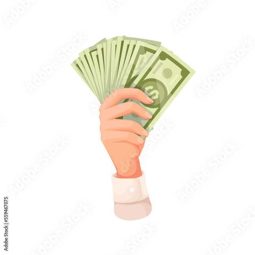 Hand holding cash money fan vector illustration. Cartoon arm of businessman or banker showing wavy stack of paper dollar banknotes, green money pack for monetary reward or salary, bribery or payment