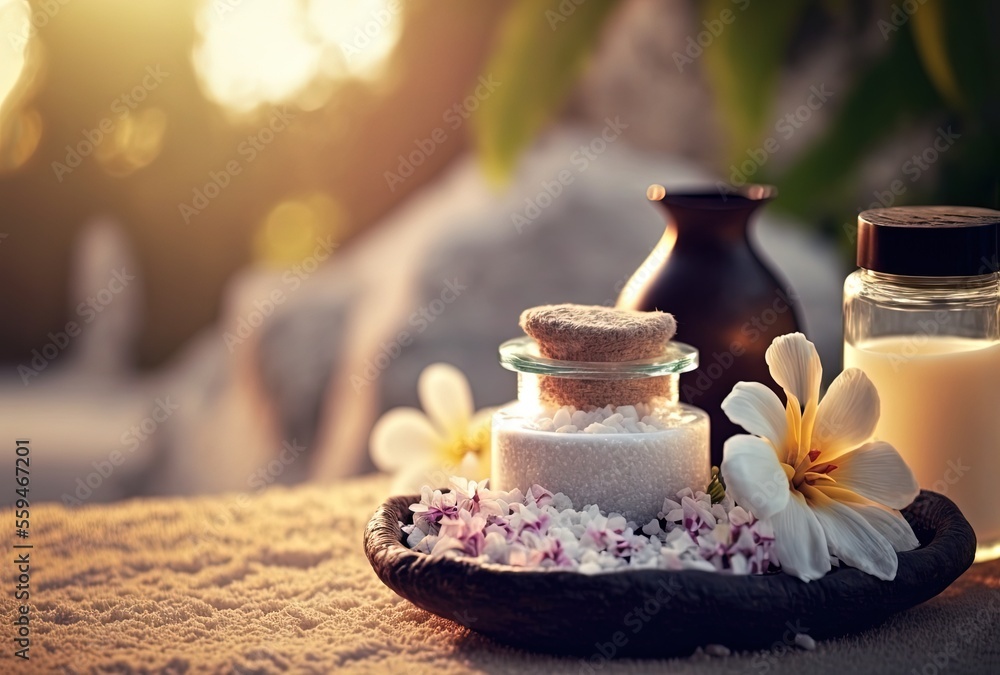 illustration of spa skin care product on wooden table with flower on top and nature island landscape as background illustration of spa skin care product on wooden table with flower on top and nature island landscape as background