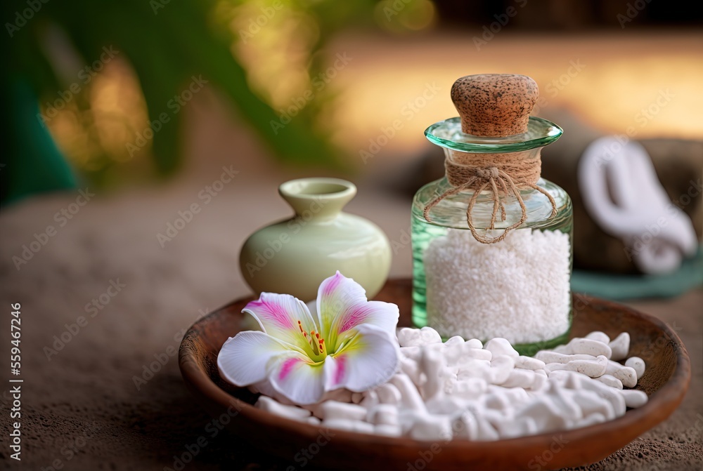 illustration of spa skin care product on wooden table with flower on top and nature island landscape as background illustration of spa skin care product on wooden table with flower on top and nature island landscape as background