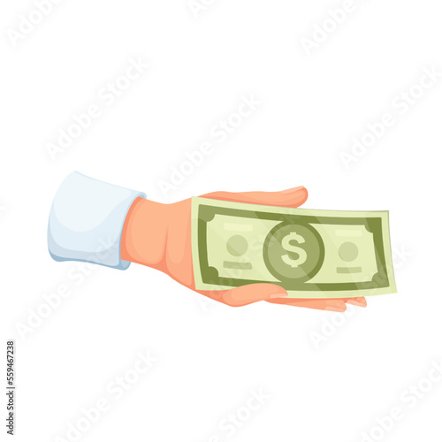 Hand giving cash money vector illustration. Cartoon fingers of person hold cash paper banknote with dollar sign to give bribe or payment for purchases or service, pay loan debt and exchange money