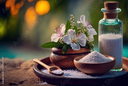 illustration of spa skin care product on wooden table with flower on top and nature island landscape as background
