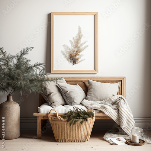 Moody Christmas still life. Blank vertical wooden picture frame mockup on sofa, linen cushions and blanket. Larch, pine tree branches in basket. White wall background. Elegant Scandinavian interior2