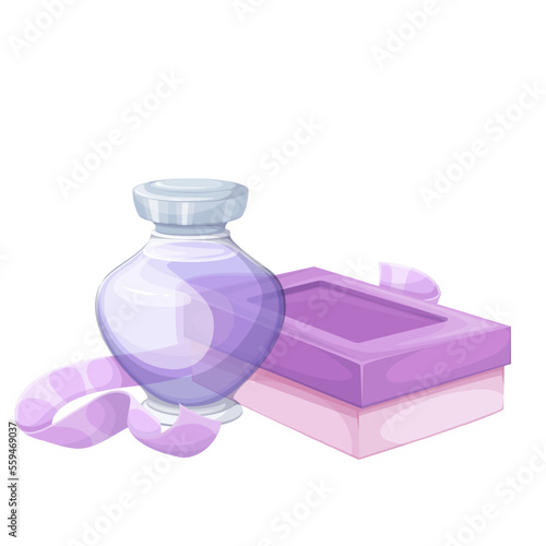 Perfume gift bottle vector illustration. Cartoon clear glass perfume flacon with cap full of transparent cosmetic product, violet liquid of fashion luxury fragrance, paper box and ribbon of present