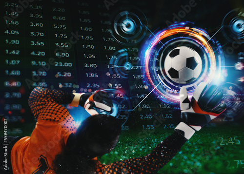 Quadro su tela Football goalkeeper with online bet and soccer analytics and statistics backgrou