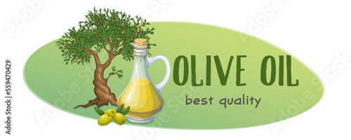 Olive oil design template vector illustration. Cartoon glass jar of oil, olive green tree and natural fresh fruit, food ingredient for cooking dish of Mediterranean cuisine in advertising banner